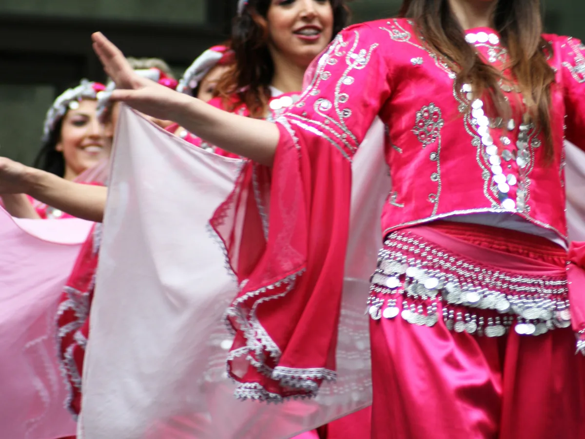 Turkish folk dancers performing in traditional costume